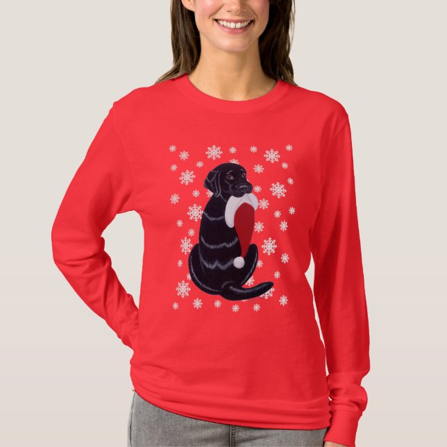 Black Labrador & Santa Hat Snowflake Christmas T-Shirt (Front)