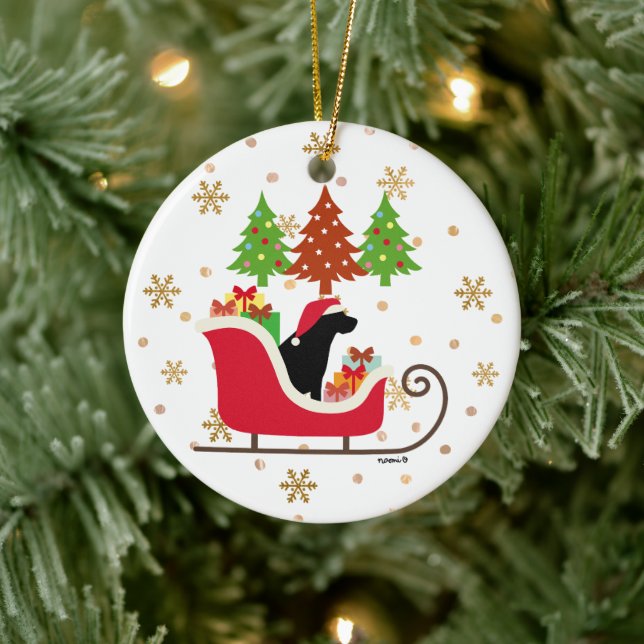Black Labrador Silhouette Christmas Sleigh Ceramic Ornament (Tree)