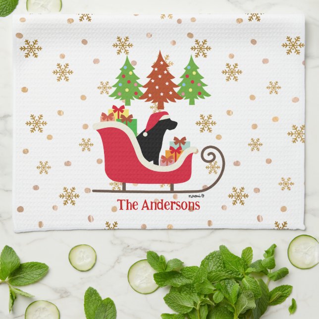 Black Labrador Silhouette Christmas Sleigh Kitchen Towel (Folded)