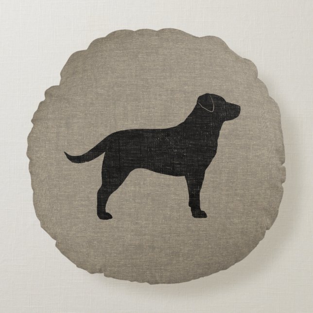 Black Labrador Silhouette | Faux Linen Style Round Pillow (Front)