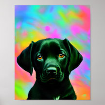Black labrador sitting in front of a colorful