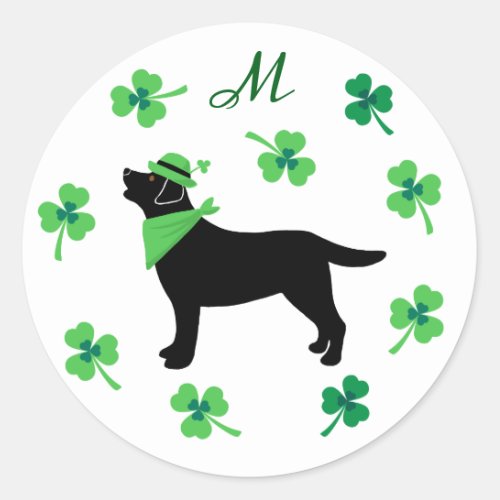 Black Labrador St Patricks Day Shamrock Initial Classic Round Sticker