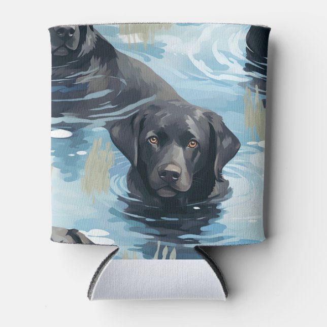 Black Labrador Swimming Pattern Can Cooler (Front)