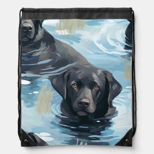 Black Labrador Swimming Pattern Drawstring Bag