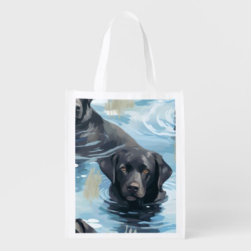 Black Labrador Swimming Pattern Grocery Bag