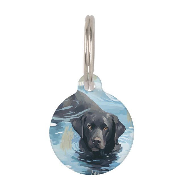 Black Labrador Swimming Pattern Pet ID Tag (Front)