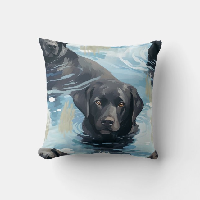 Black Labrador Swimming Pattern Throw Pillow (Front)
