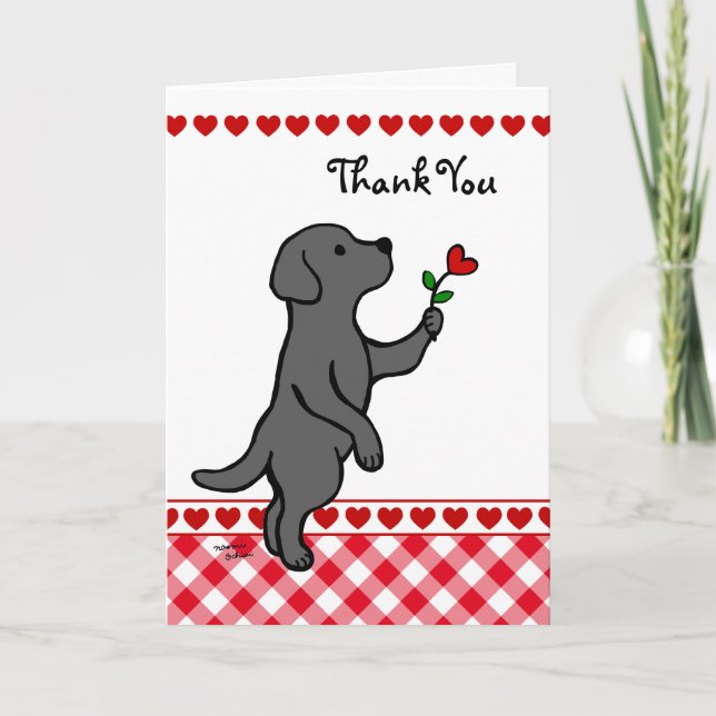 Black Labrador Tiny Heart Flower Cartoon Thank You Card (Front)