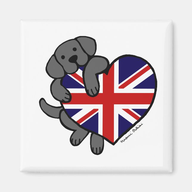 Black Labrador & UK Flag Heart 2 Cartoon Magnet (Front)