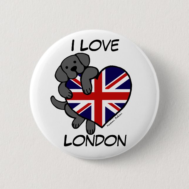 Black Labrador & UK Flag Heart 2 Cartoon Pinback Button (Front)