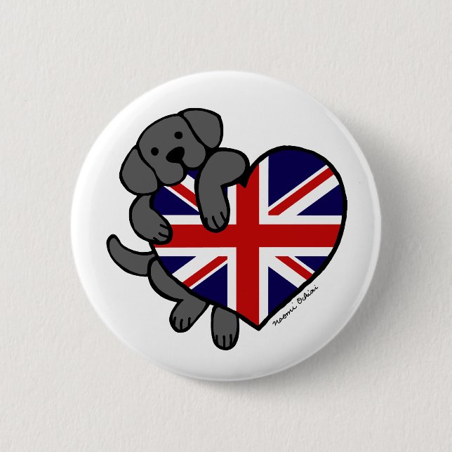 Black Labrador & UK Flag Heart 2 Cartoon Pinback Button (Front)