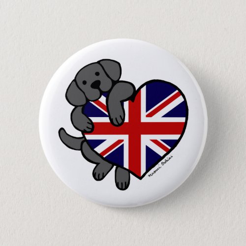 Black Labrador  UK Flag Heart 2 Cartoon Pinback Button