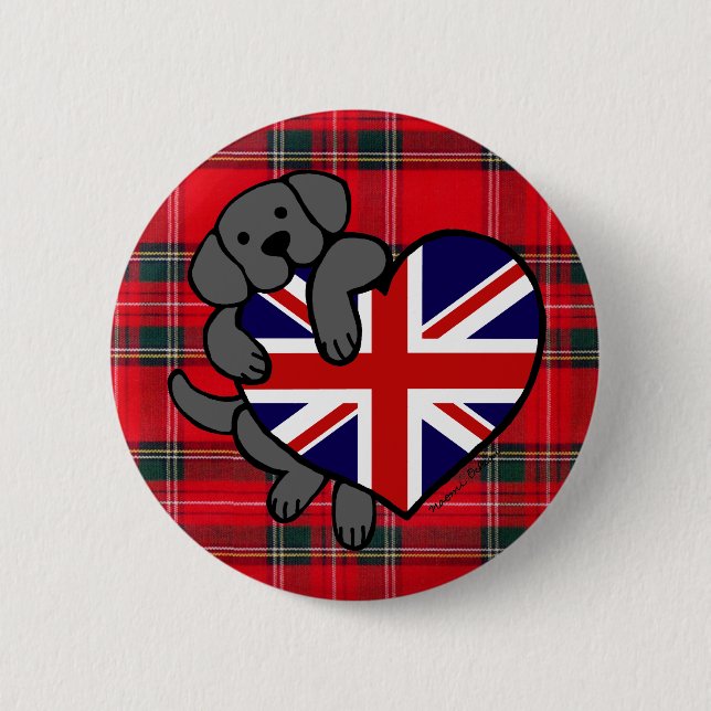 Black Labrador & UK Flag Heart 2 Cartoon Tartan Pinback Button (Front)