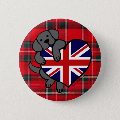 Black Labrador  UK Flag Heart 2 Cartoon Tartan Pinback Button
