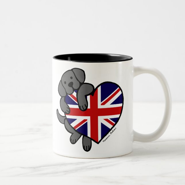 Black Labrador & UK Flag Heart 2 Cartoon Two-Tone Coffee Mug (Right)