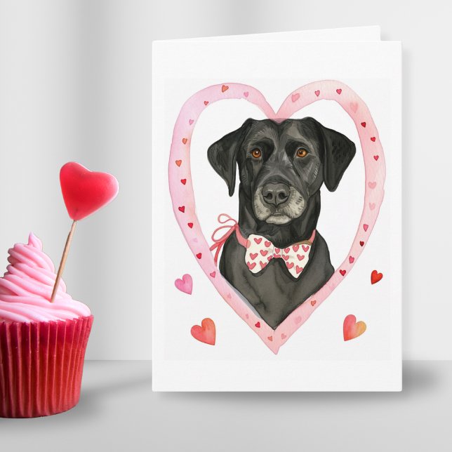 Black Labrador Valentine Day Dog Mom Love Gift Red Holiday Card (Black Labrador Valentine Day Dog Mom Love Gift Red pink heart border frame with watercolor hearts)