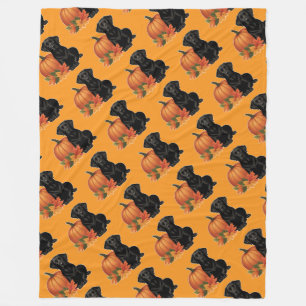 Black Labrador With Autumn Leaves and Pumpkin Fleece Blanket