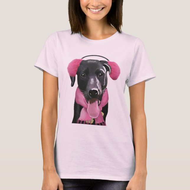Black Labrador With Ear Muffs T-Shirt (Front)