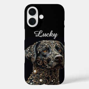 Black Labrador With Intricate Gold and Pearl iPhone 16 Case