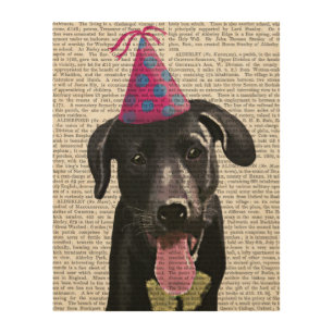 Black Labrador With Party Hat Wood Wall Art