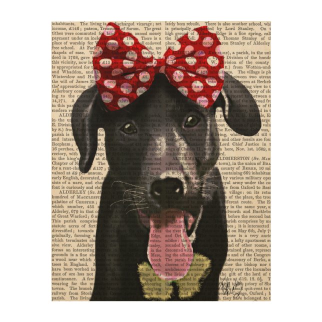 Black Labrador With Red Bow On Head Wood Wall Art (Front)