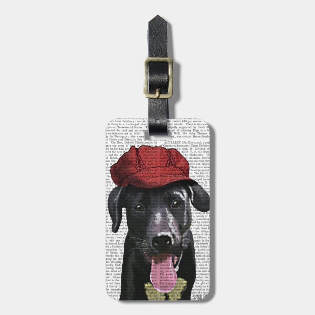 Black Labrador With Red Cap Luggage Tag (Front Vertical)