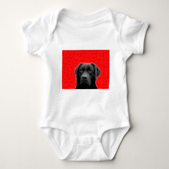 Black Labrador with Red Hearts Baby Bodysuit (Front)