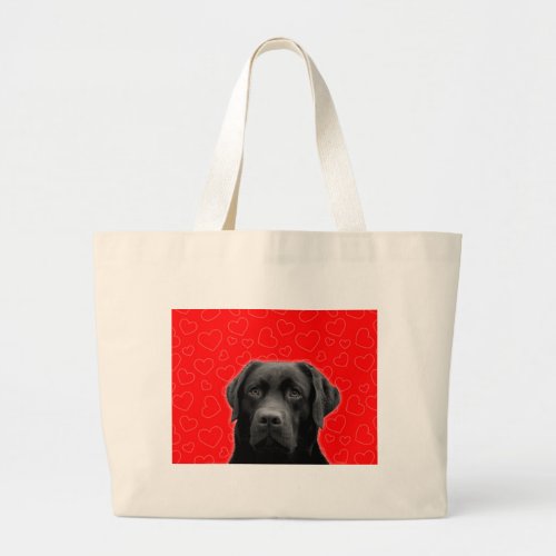 Black Labrador with Red Hearts Large Tote Bag