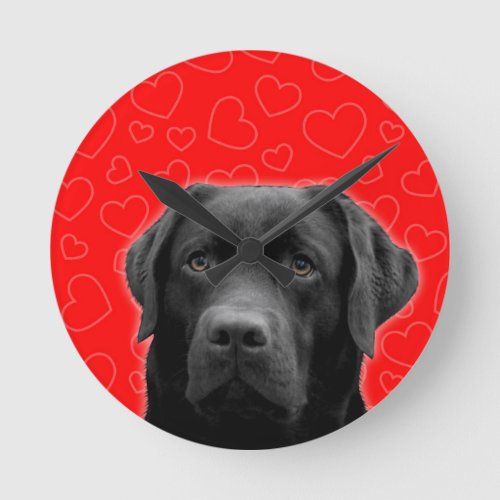 Black Labrador with Red Hearts Round Clock