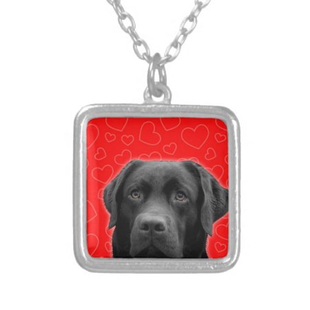 Black Labrador With Red Hearts Silver Plated Necklace