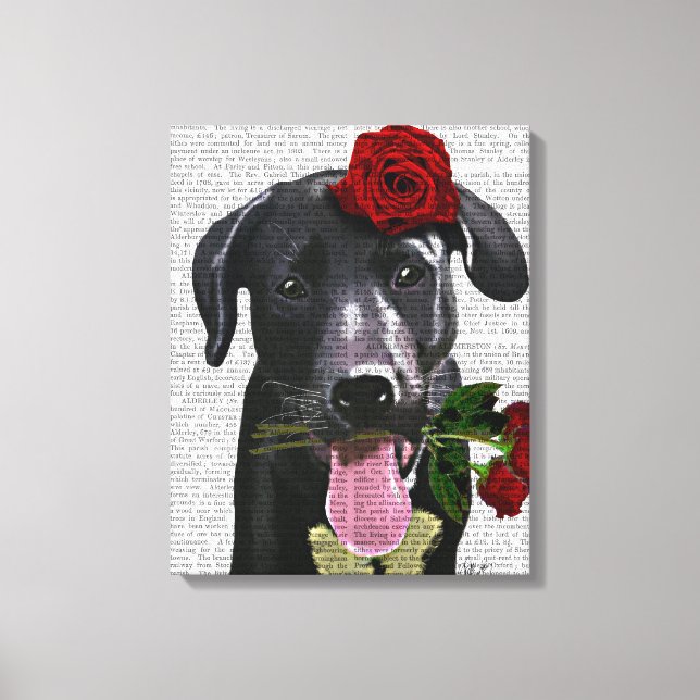 Black Labrador with Roses Canvas Print (Front)