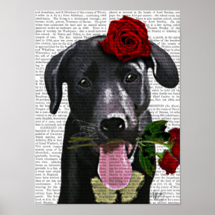 Black Labrador with Roses Poster