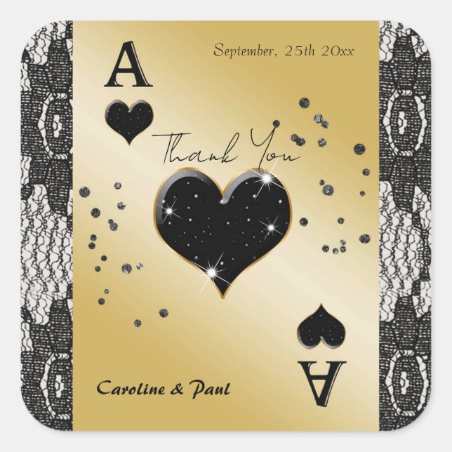 Black Lace, Ace of Hearts, Black Glitter Thanks Square Sticker (Front)