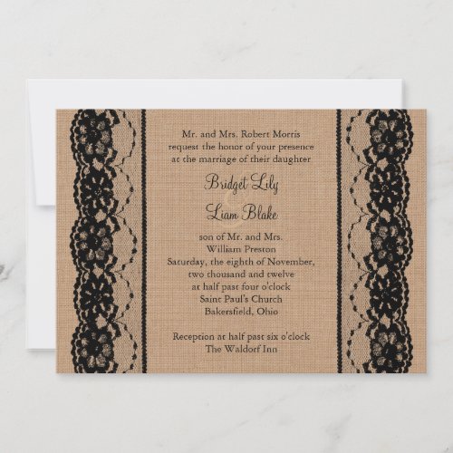 Black Lace and Burlap Wedding Invitation