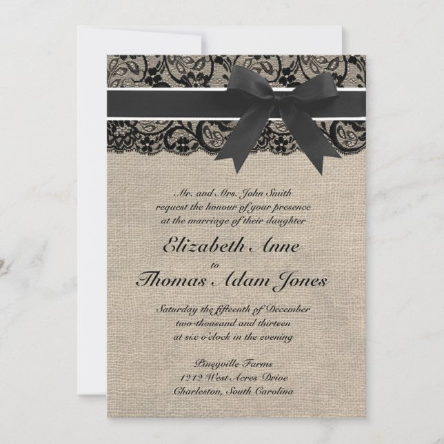 Black Lace and Burlap Wedding Invitation (Front)