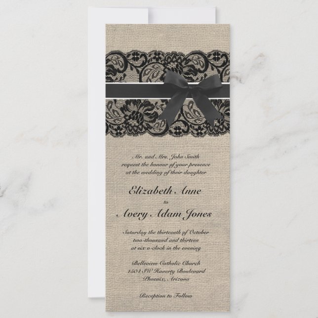 Black Lace and Burlap Wedding Invitation Vertical (Front)