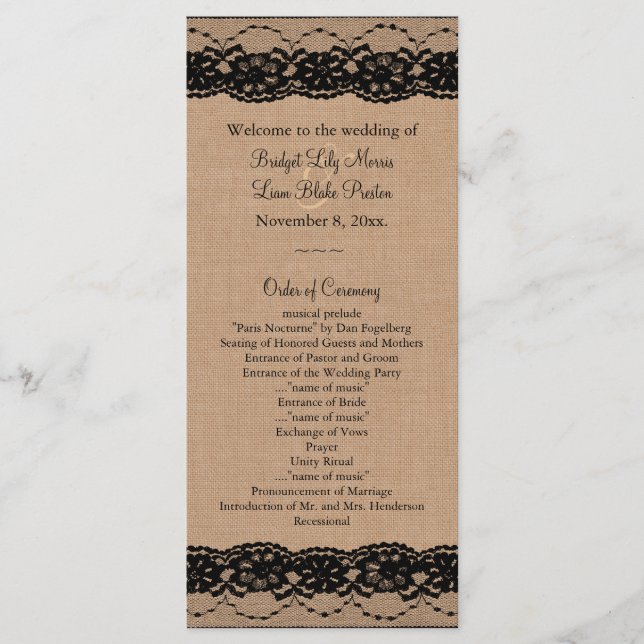 Black Lace and Burlap Wedding Program (Front)
