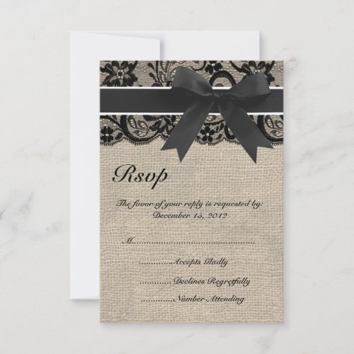 Black Lace and Burlap Wedding RSVP Card