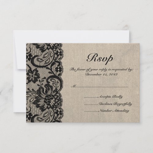 Black Lace and Burlap Wedding RSVP Card