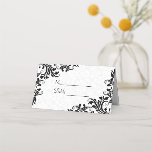 Black Lace And White Damasks Place Card
