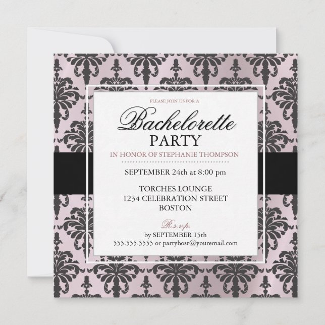 Black Lace Bachelorette Party Invitations in Blush (Front)