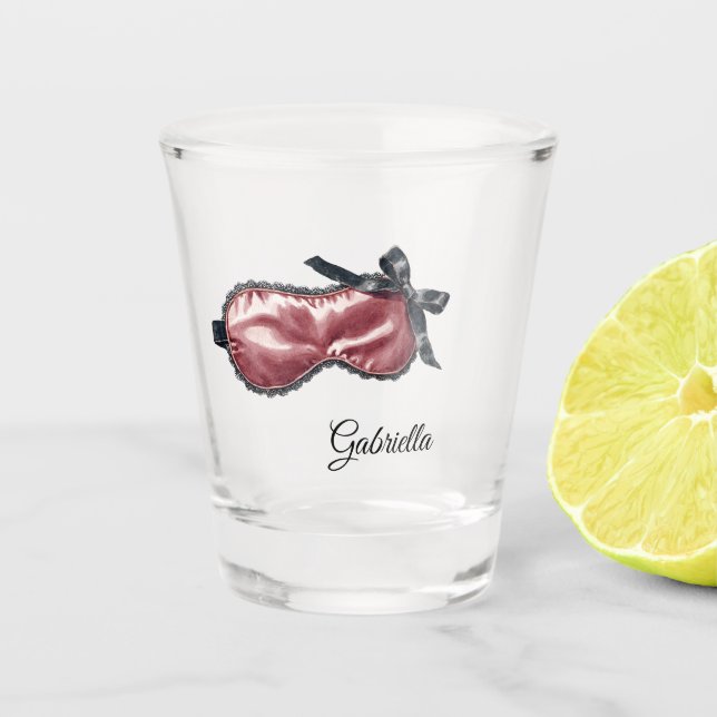 Black Lace Burgundy Mask Bow Shot Glass (Front)