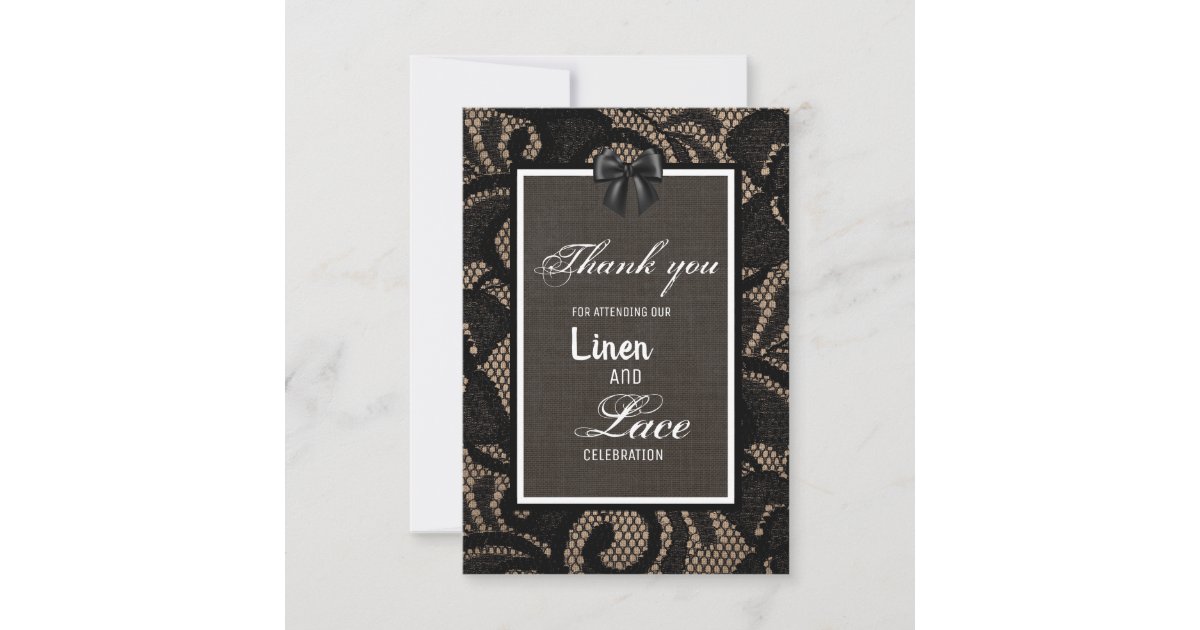 Black lace, burlap, linen custom wedding thank you card | Zazzle
