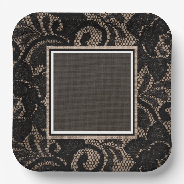 Black lace, burlap, linen paper plates (Front)