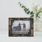 Black Lace Burlap Modern Goth Photo Save the Date Announcement Postcard (Standing Front)