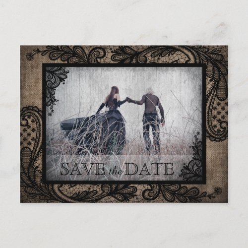 Black Lace Burlap Modern Goth Photo Save the Date Announcement Postcard