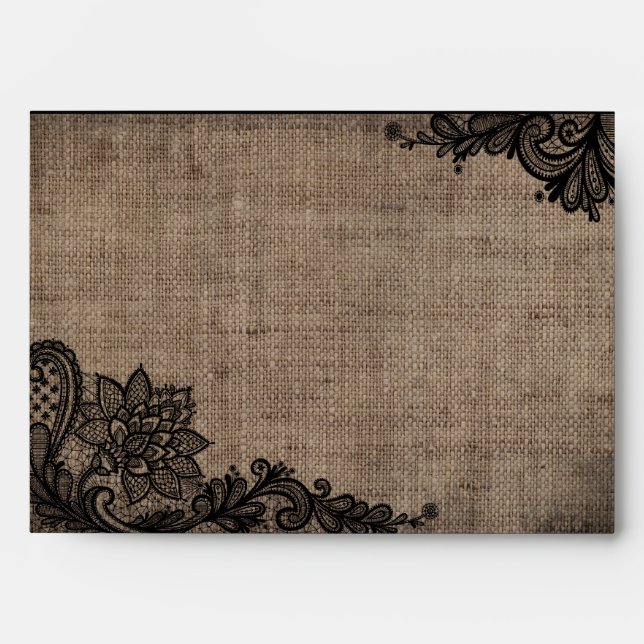 Black Lace Burlap Modern Goth Wedding Envelopes (Front)