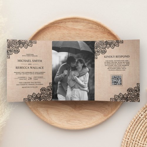 Black Lace Burlap Photo QR Code Wedding Tri-Fold Invitation