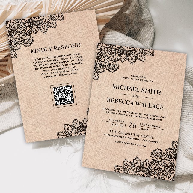 Black Lace Burlap QR Code Wedding Invitation (Creator Uploaded)