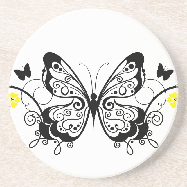Black Lace Butterflies 10 Sandstone Coaster (Front)